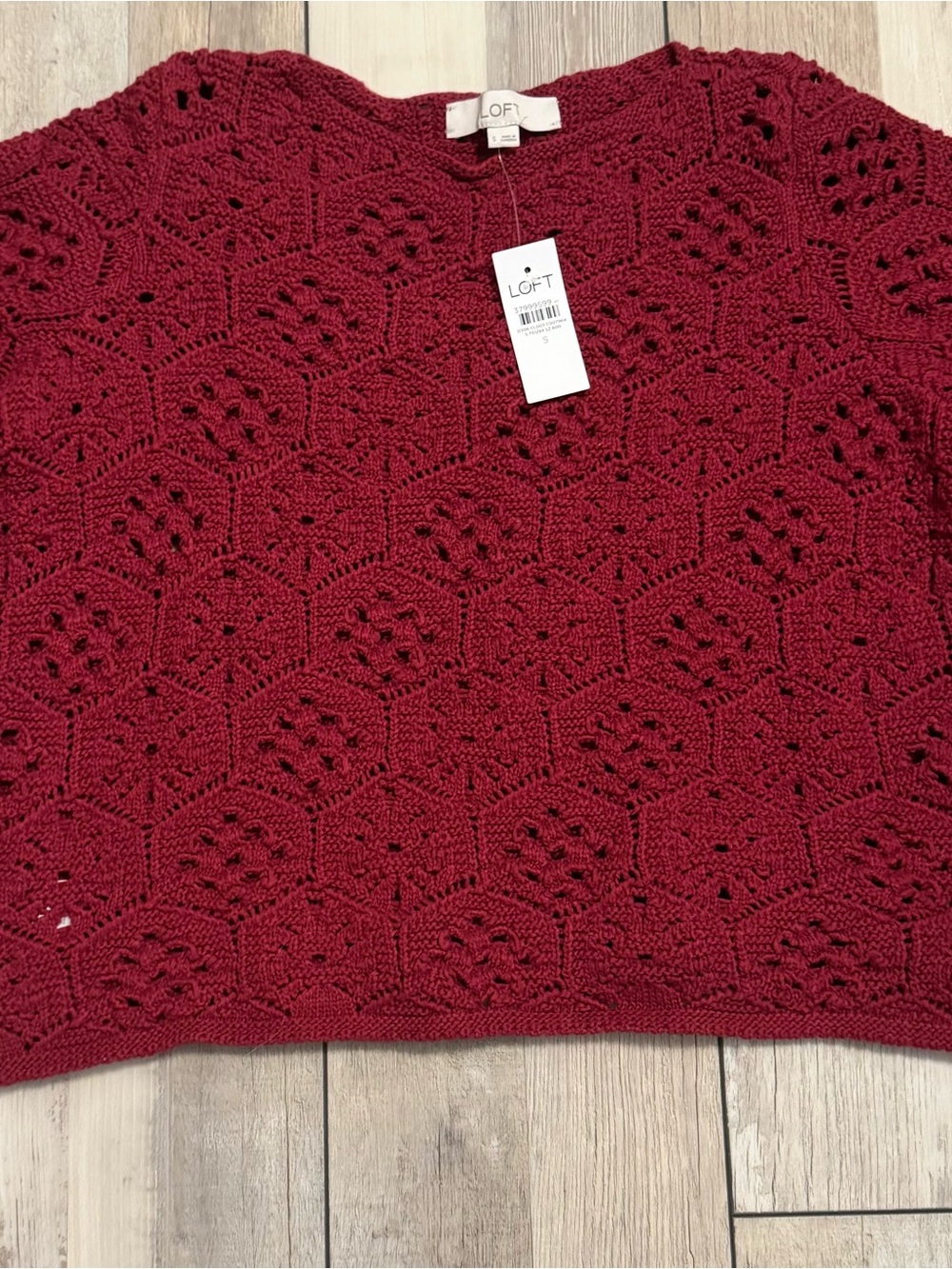 LOFT Women's Wine Crochet-Pattern Crewneck Sweater